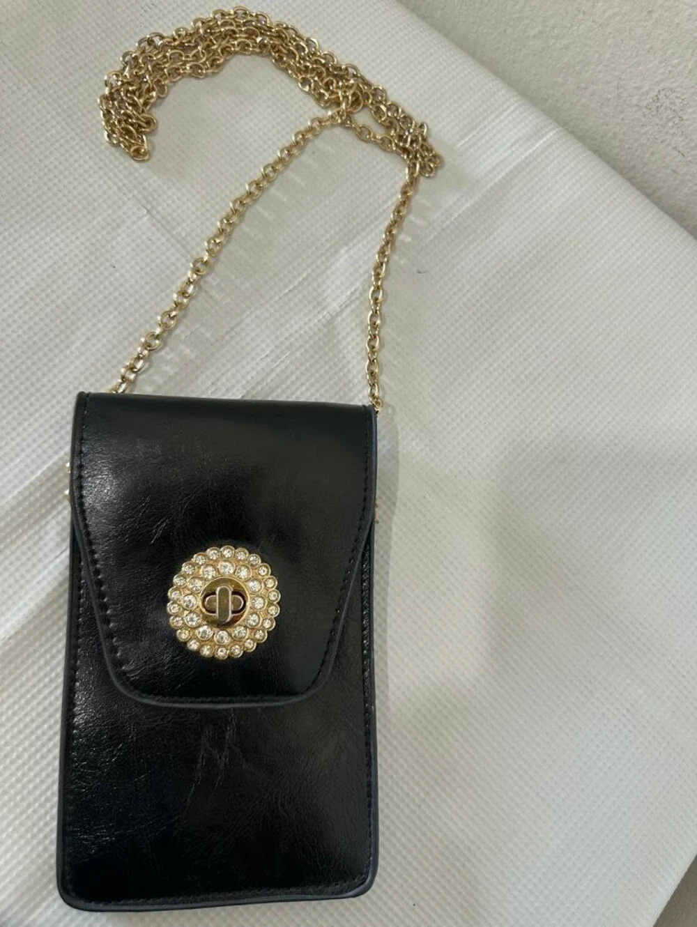 Black Mini Crossbody Phone Purse Pouch Rhinestone Gold Hardware Cross Charm